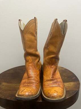 Mercedes Vintage Quills Ostrich Cowboy Boots Tan Leather Square Toe size 5 D